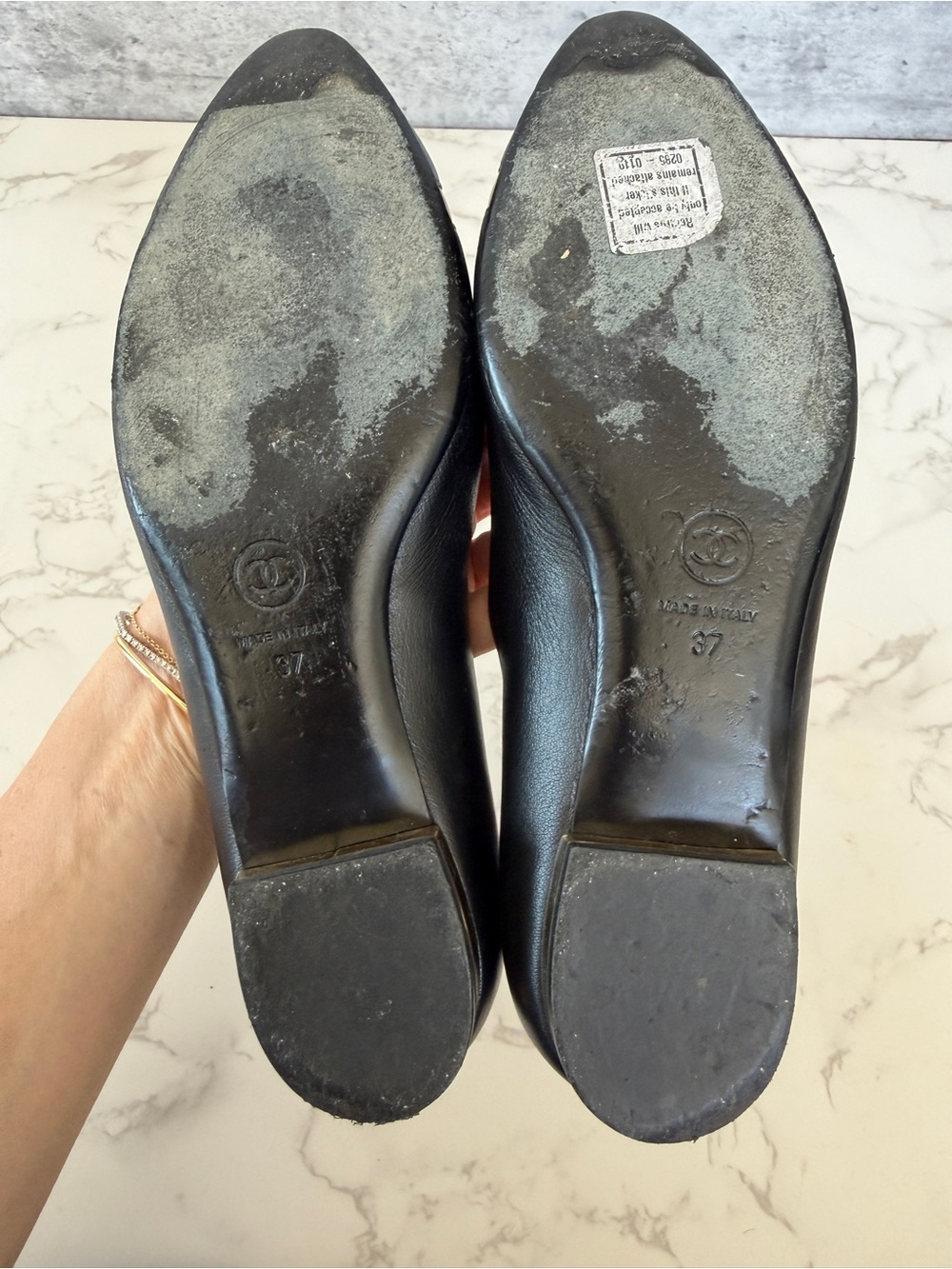 CHANEL Black and Tan Pointed-Toe Leather Ballet Flats - Picture 5 of 5